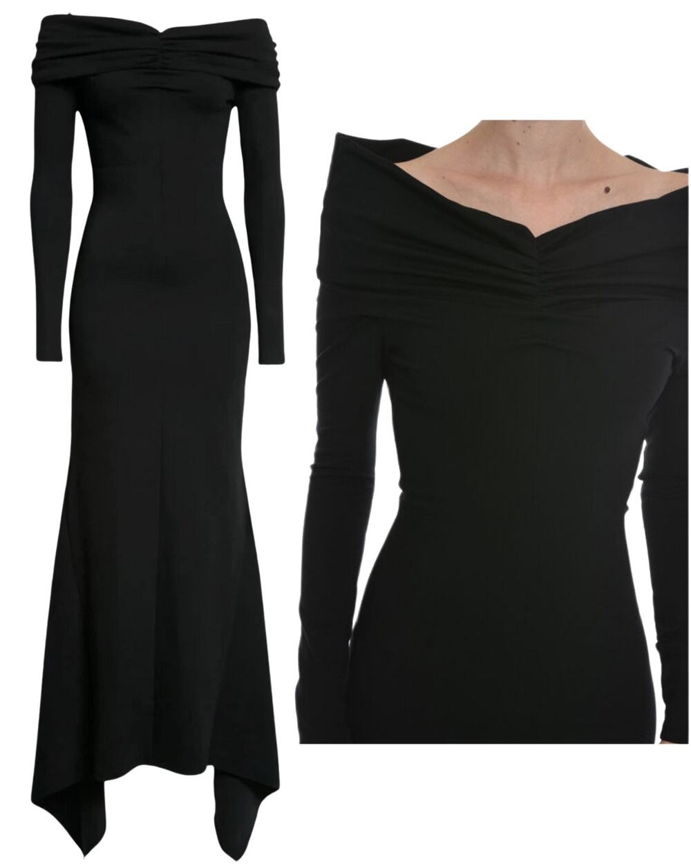 The Attico Black Off Shoulder Long Sleeve Asymmetrical Maxi Gown Sz 40 / US 4 6